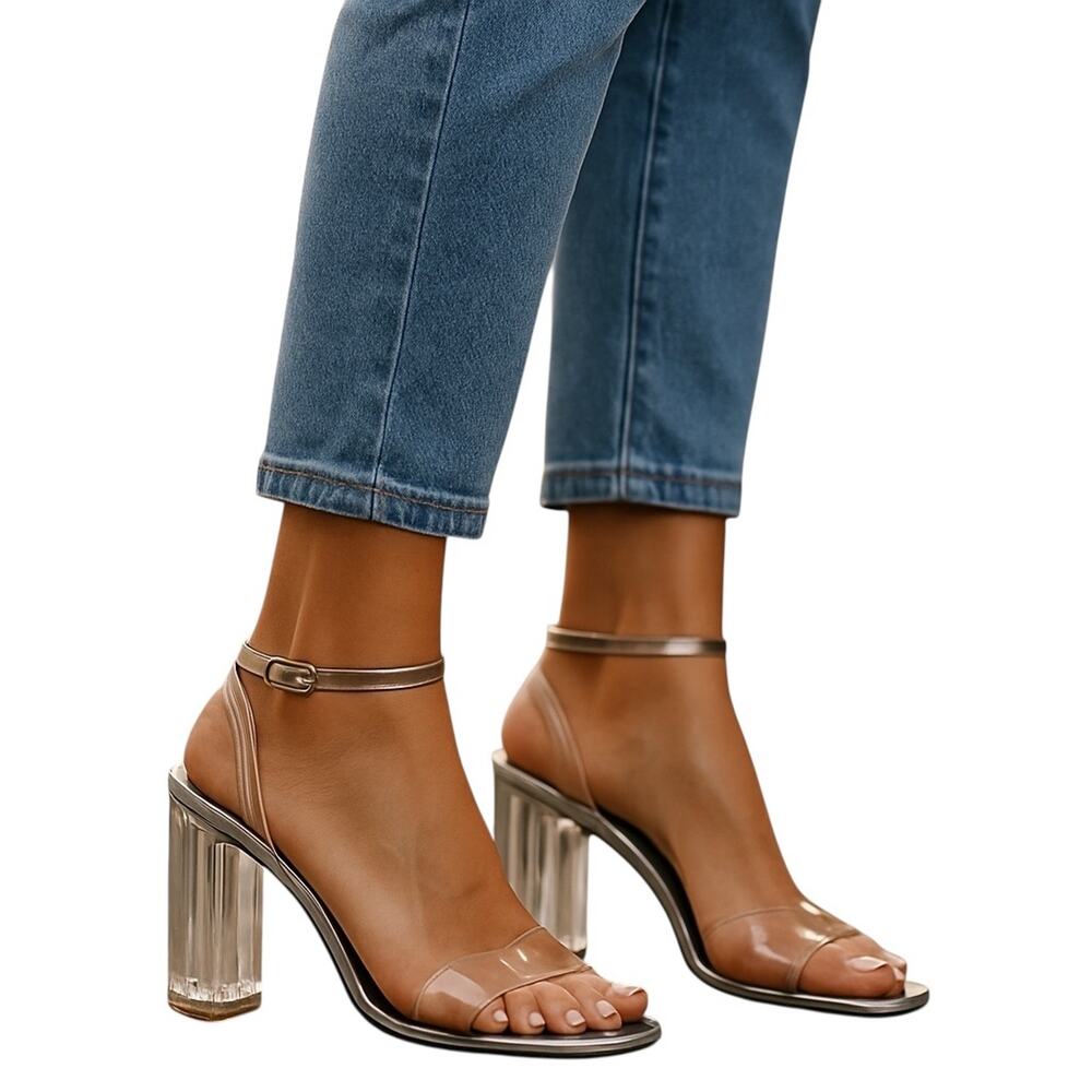 Zara Silver Clear Vinyl Block Heel Strap Open Toe Sandals - EUR 41/US Size 10